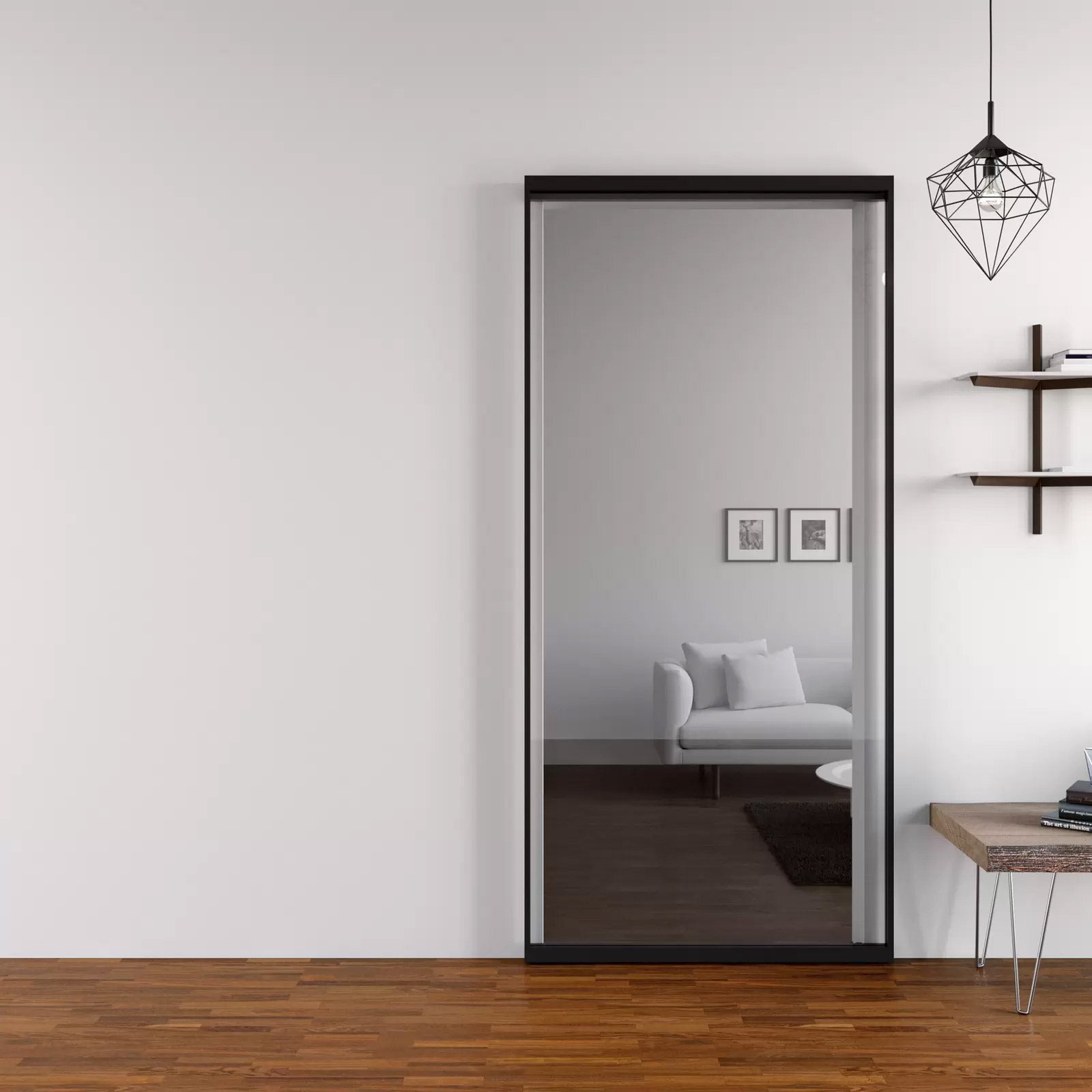 Close-up of installed sliding door system with the door panel in the closed position.