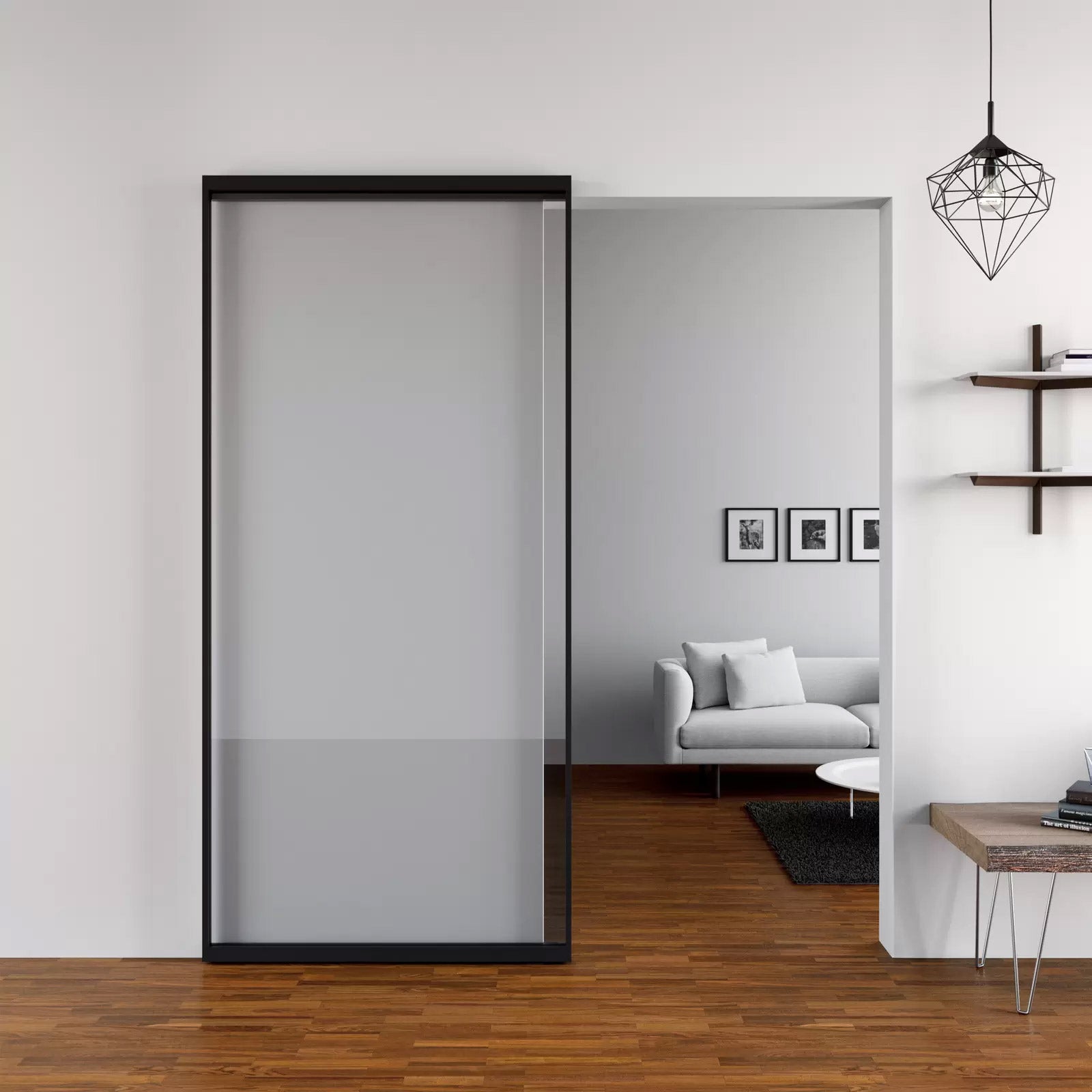 Close-up of installed sliding door system with the door panel in the opened position.