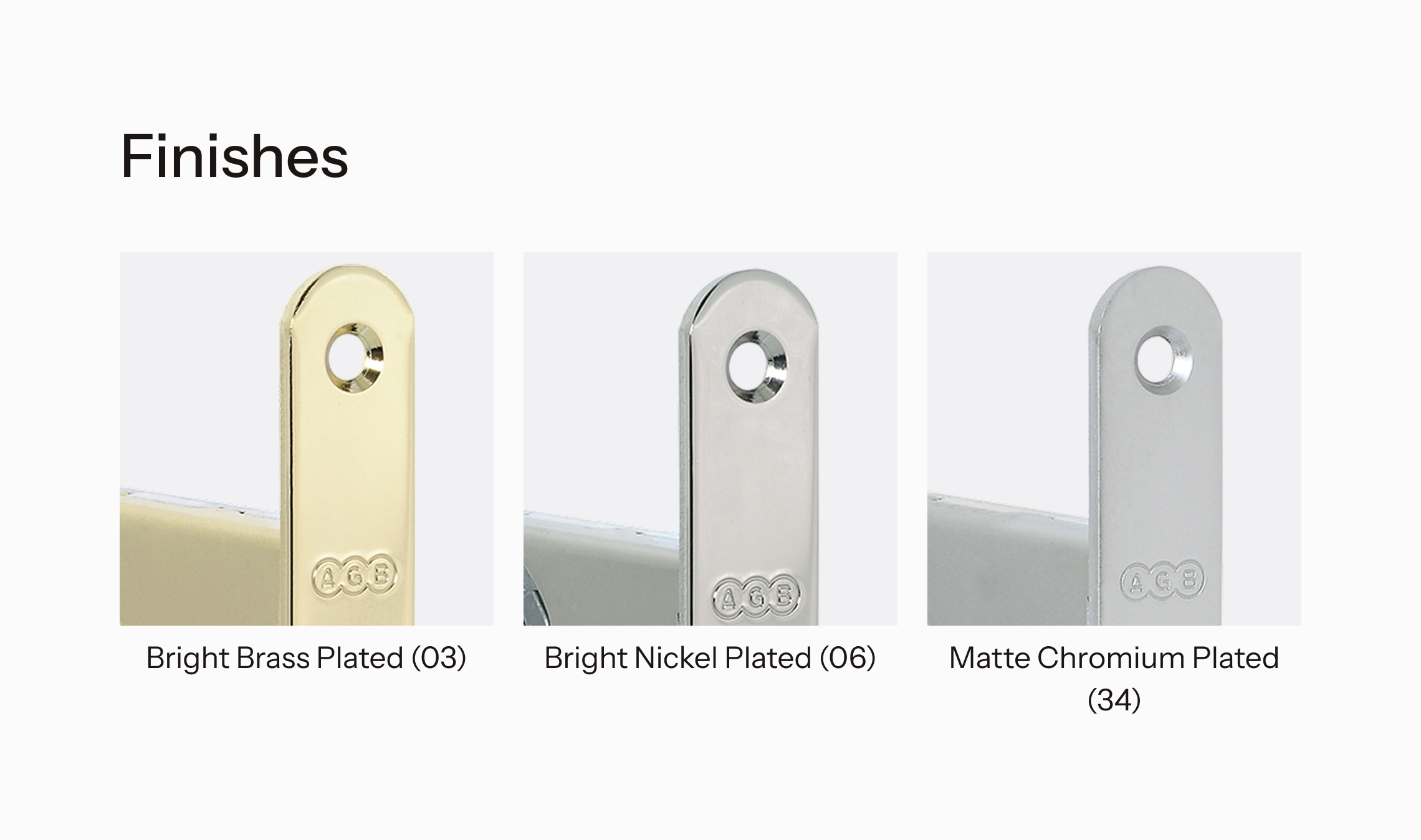 Lock finishes, which includes Bright Brass Plated, Bright Nickel Plated, and Matte Chromium Plated