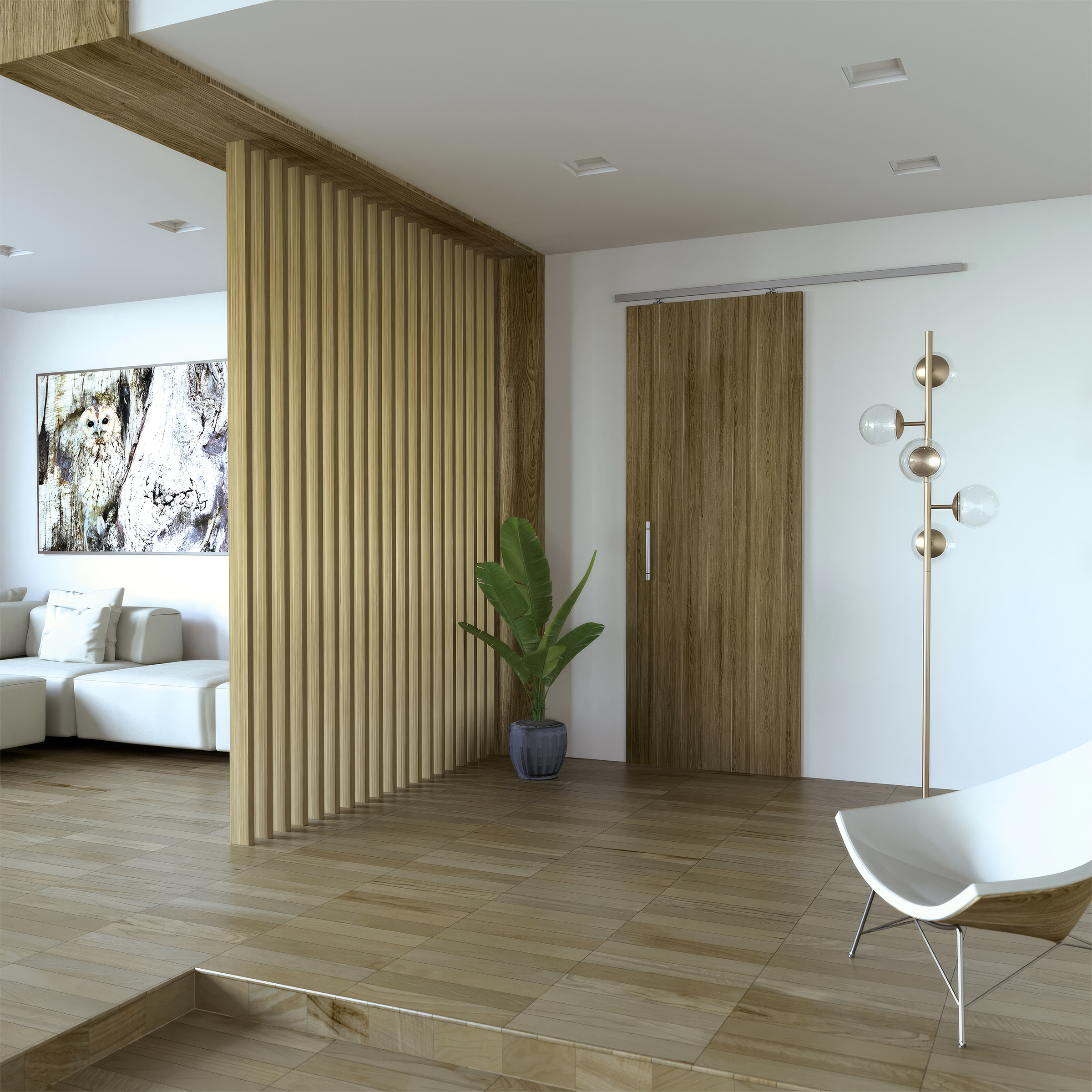 Modern living room with wooden floor, white sofa, and decorative plant.