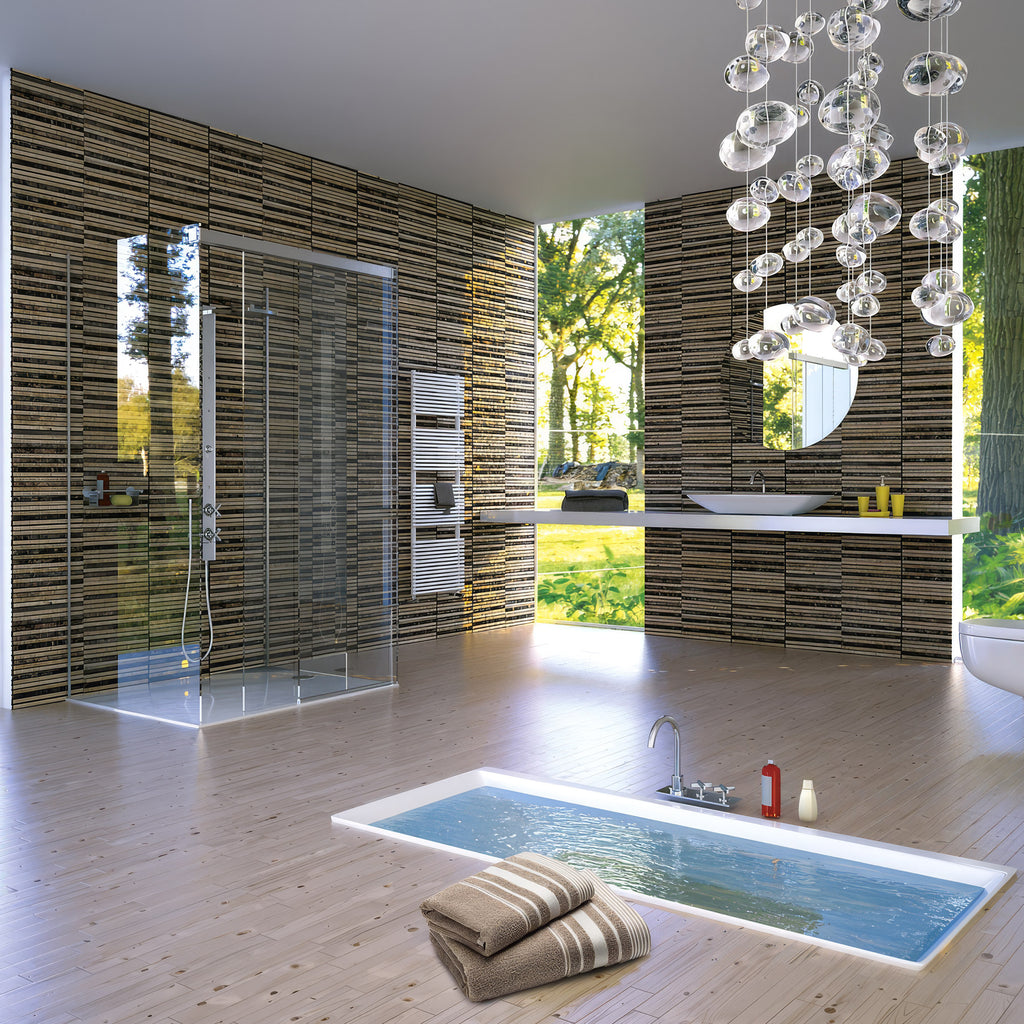 Modern bathroom with wooden walls, glass shower enclosure, and a bathtub.