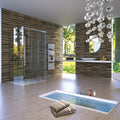 Modern bathroom with wooden walls, glass shower enclosure, and a bathtub.