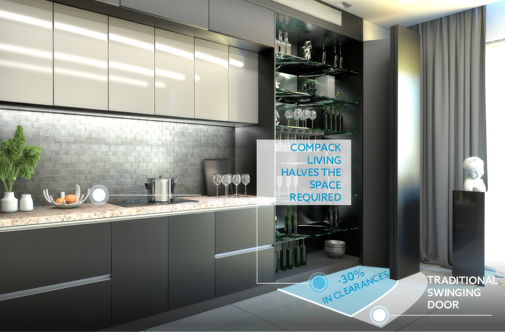 Annotated image of a modern kitchen highlighting door swinging