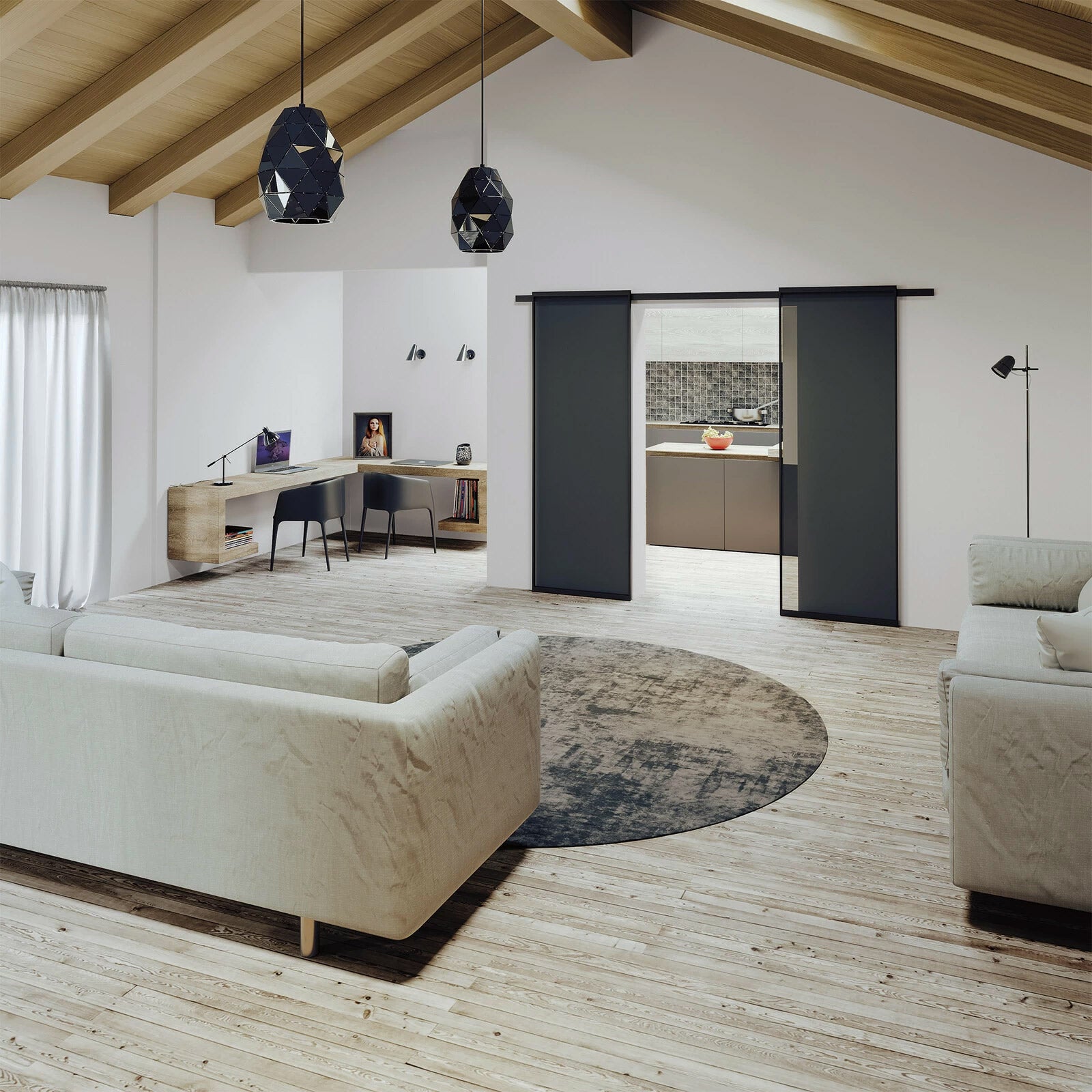 Modern living room with white sofas, wooden floor, and ceiling.