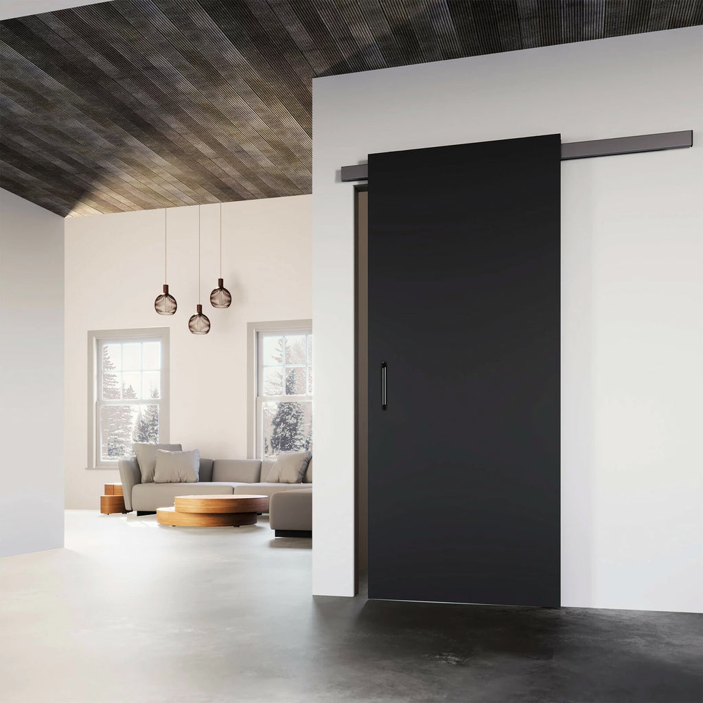 Modern interior with a black sliding door in a minimalistic living room.