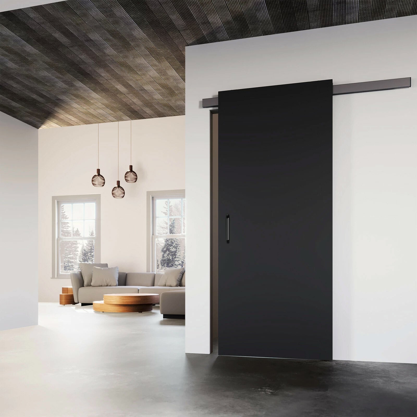 Modern interior with a black sliding door in a minimalistic living room.