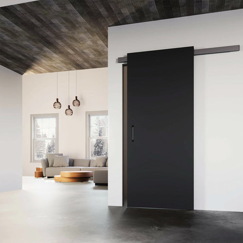 Modern interior with a black sliding door in a minimalistic living room.