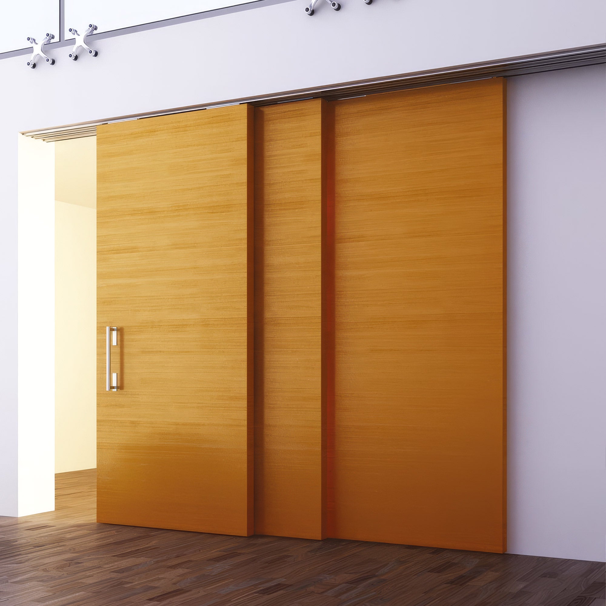 Modern interior with wooden sliding doors and a white wall.