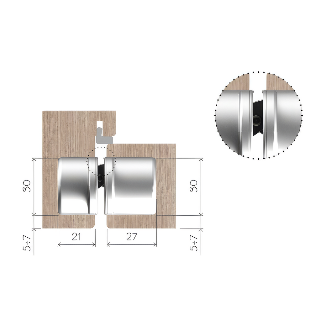 Technical drawing of a hinge installation in a door and frame