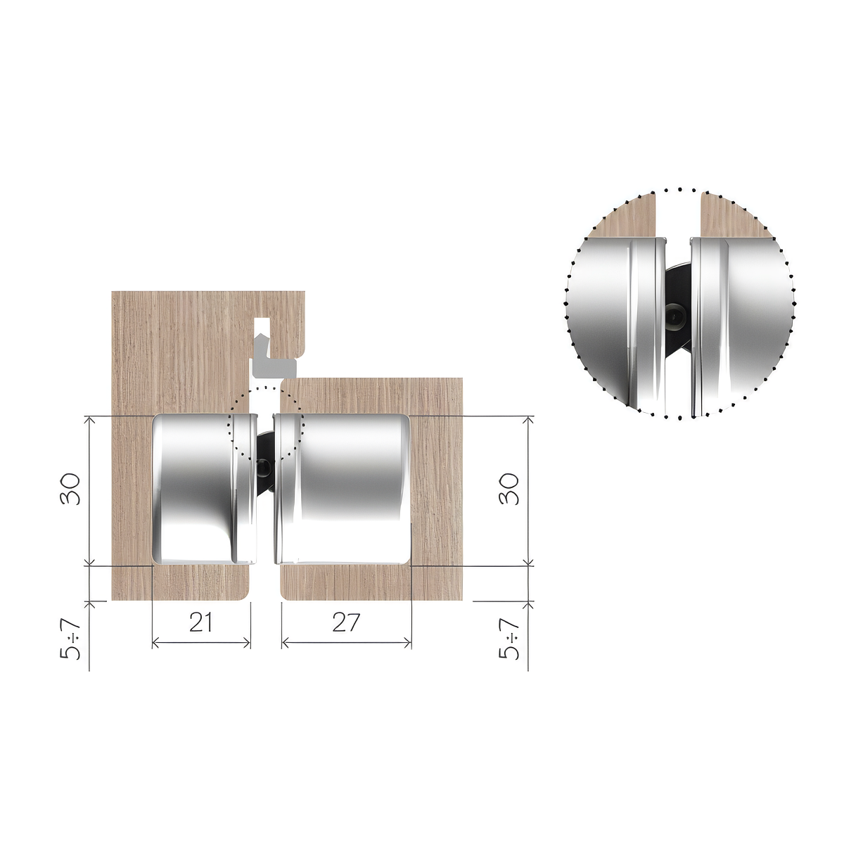 Technical drawing of a hinge installation in a door and frame