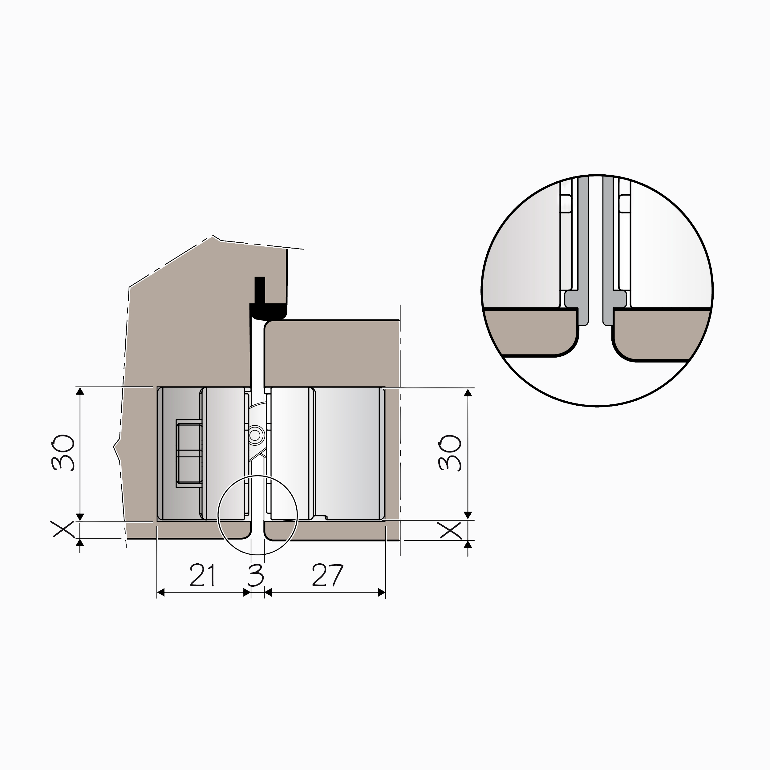 Technical drawing of a hinge installation in a door and frame