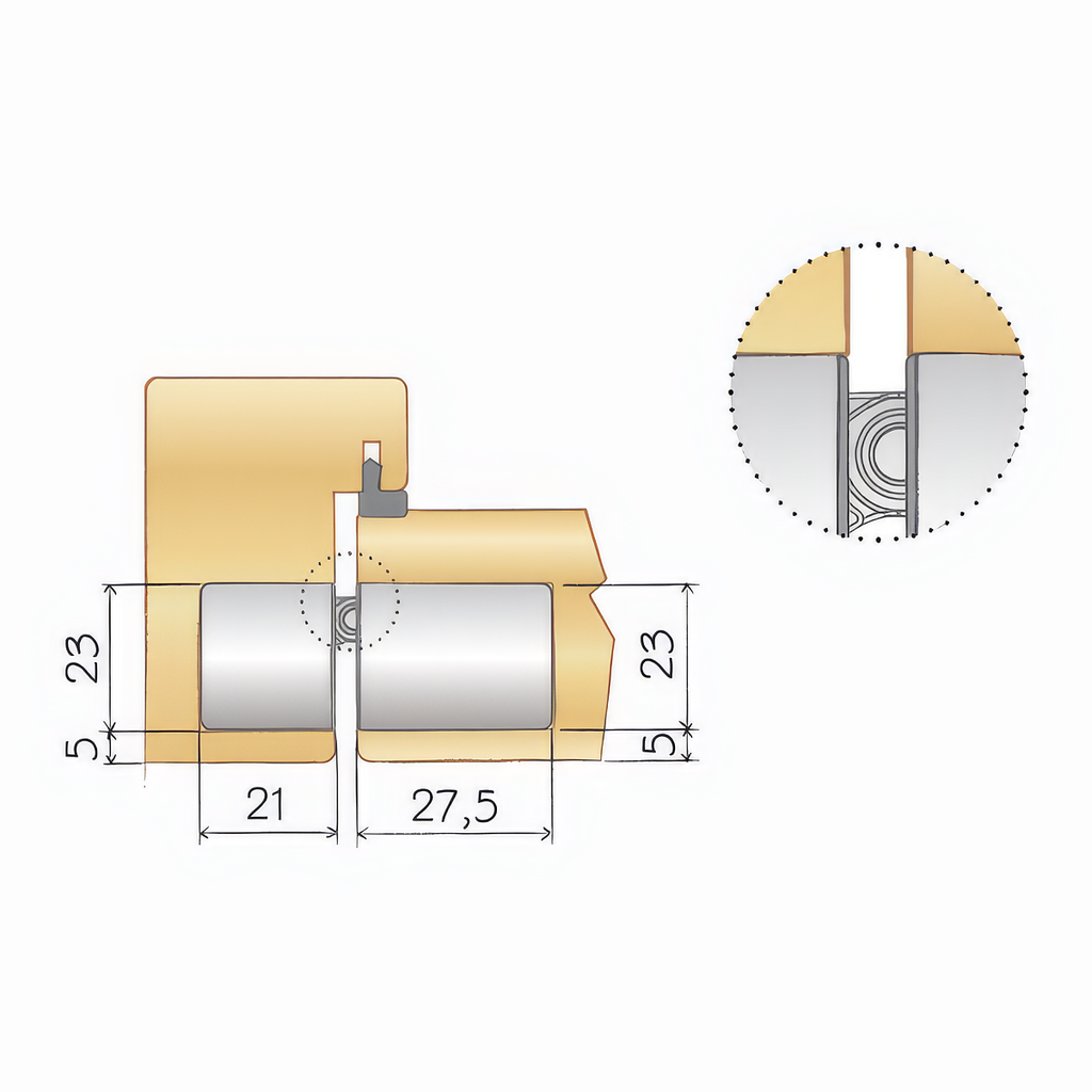Technical drawing of a hinge installation in a door and frame