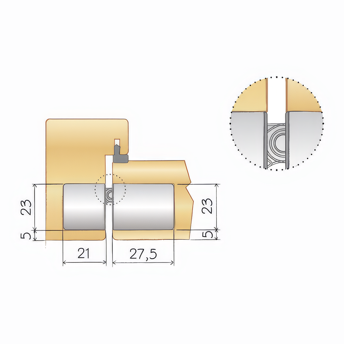 Technical drawing of a hinge installation in a door and frame