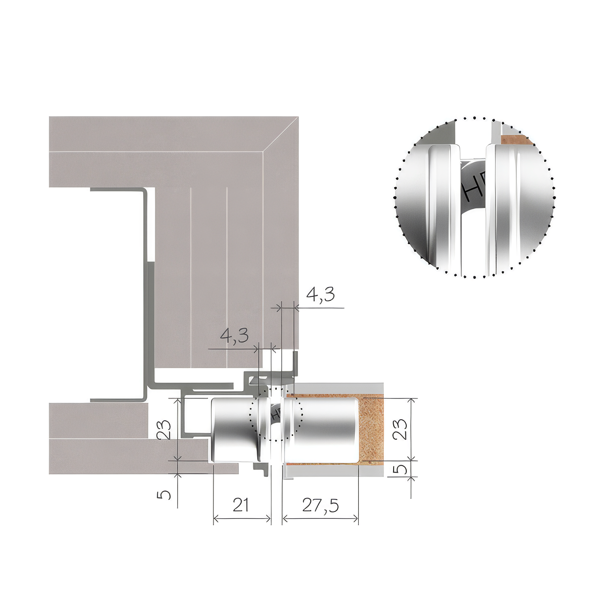 Technical cross-section of a concealed hinge installation within a door and frame system