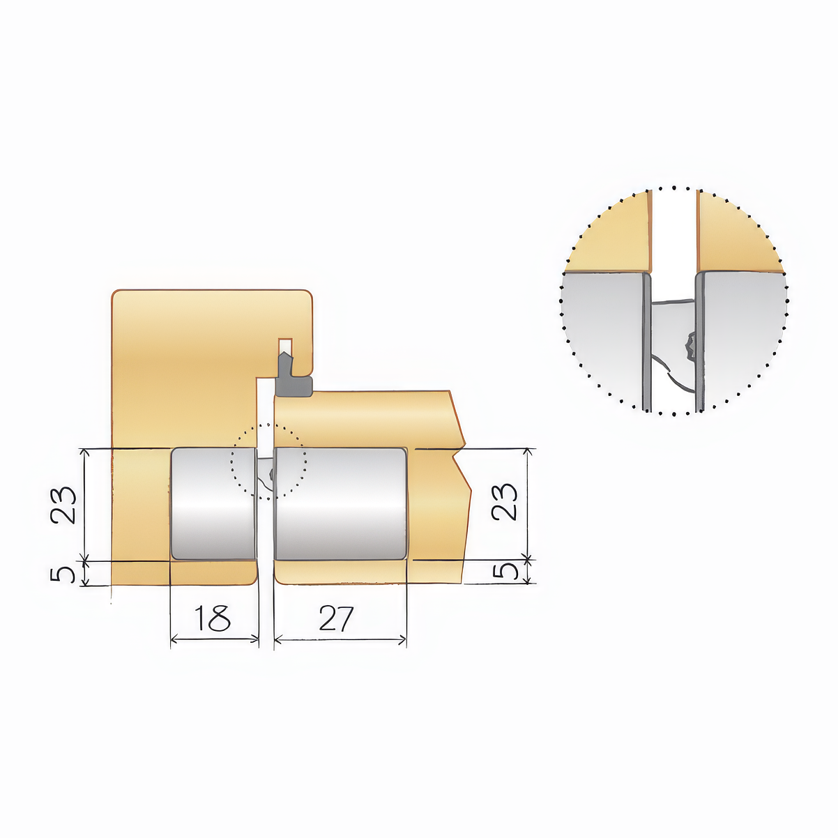 Technical drawing of a hinge installed in a door and frame