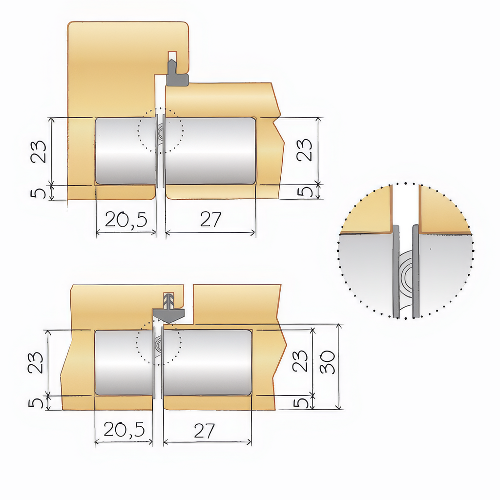 Technical drawing of a hinge installation in a door and frame
