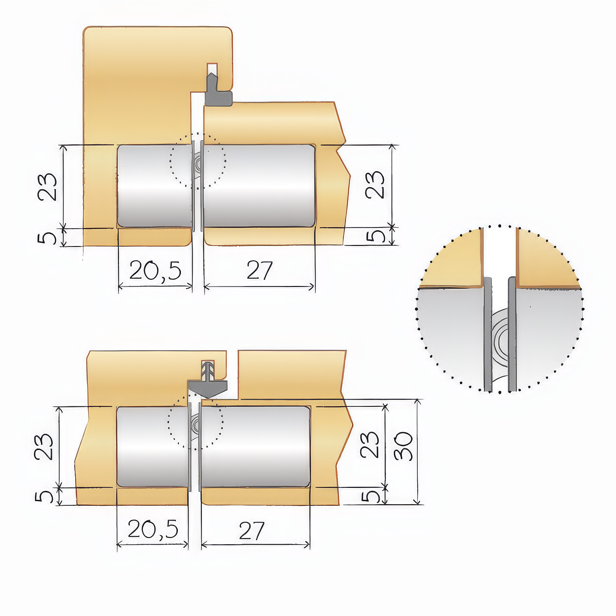 Technical drawing of a hinge installation in a door and frame
