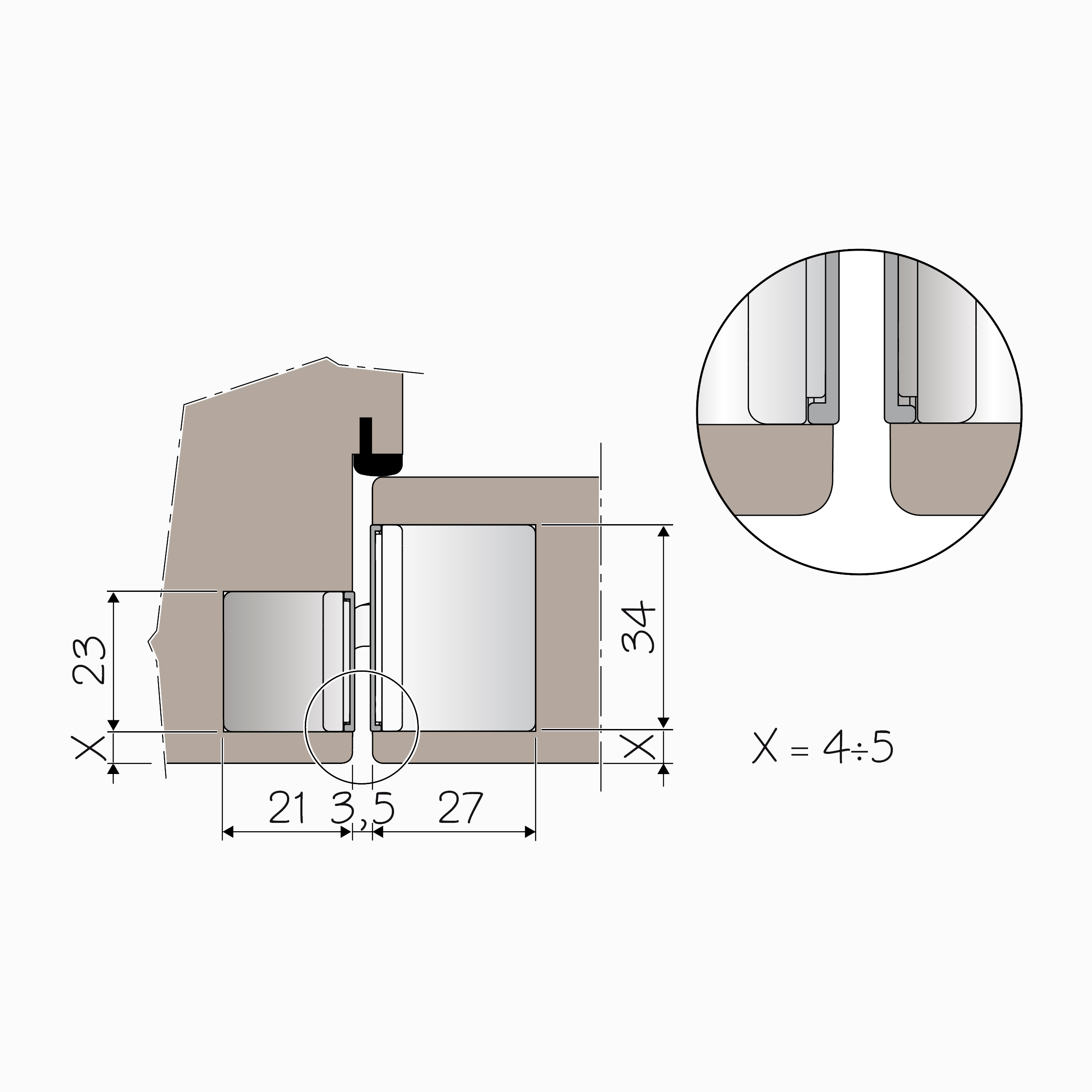 Technical drawing of a hinge installation in a door and frame