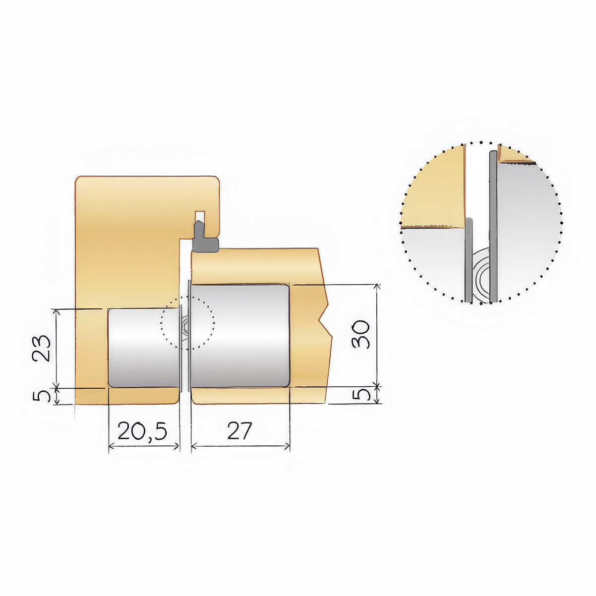 Technical drawing of a hinge installation in a door and frame