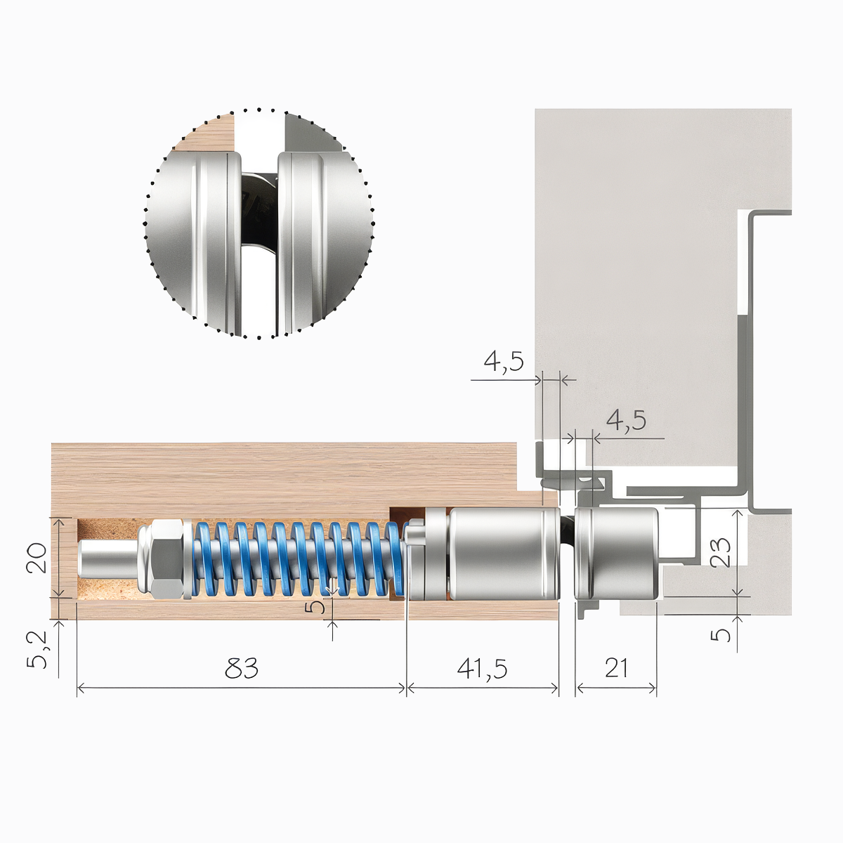 Technical drawing of a hinge installation in a door and frame