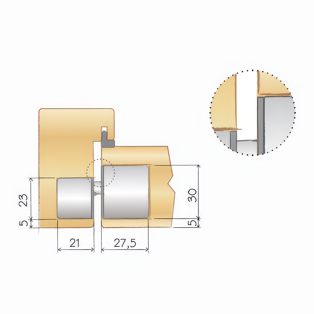 Technical drawing of a hinge installation in a door and frame
