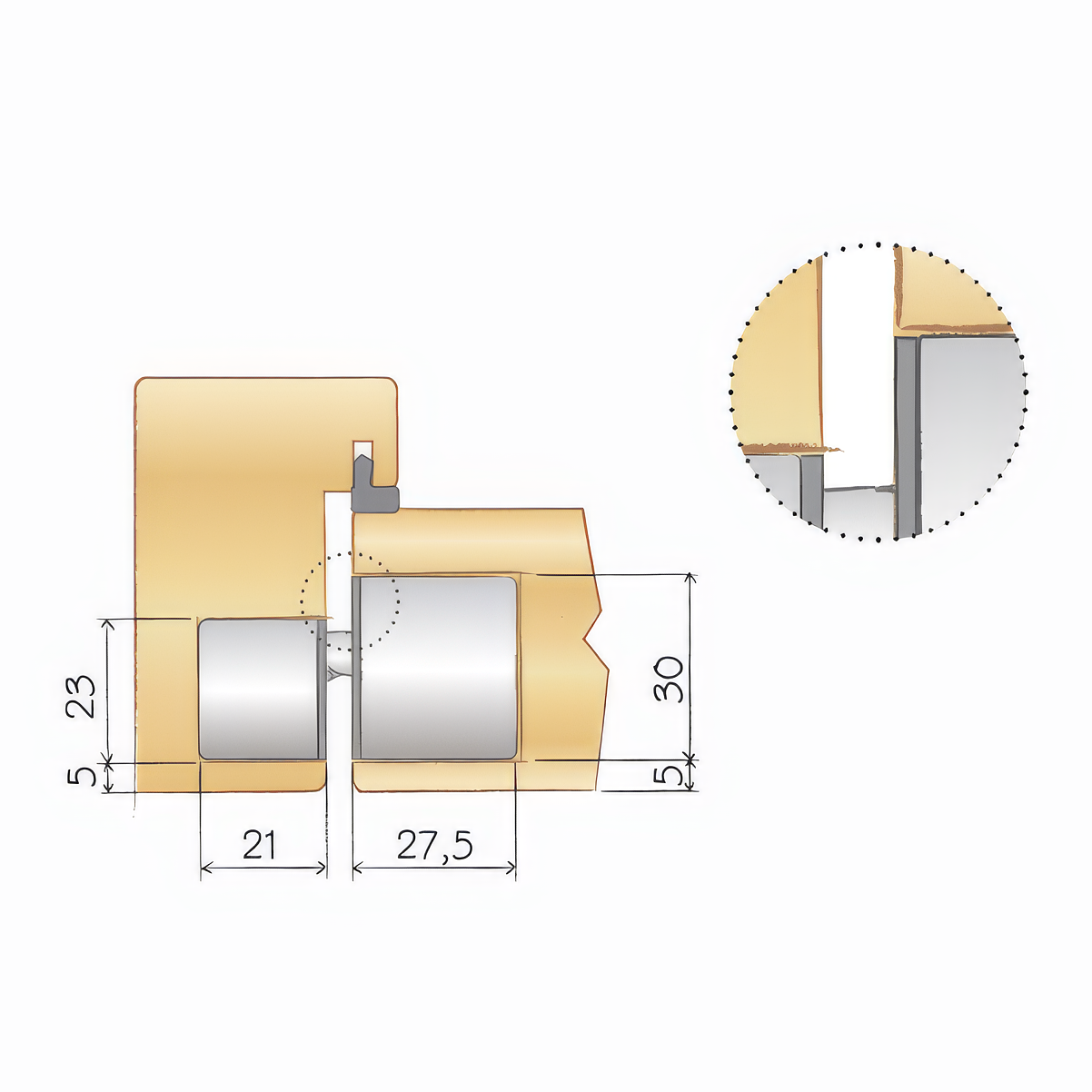Technical drawing of a hinge installation in a door and frame