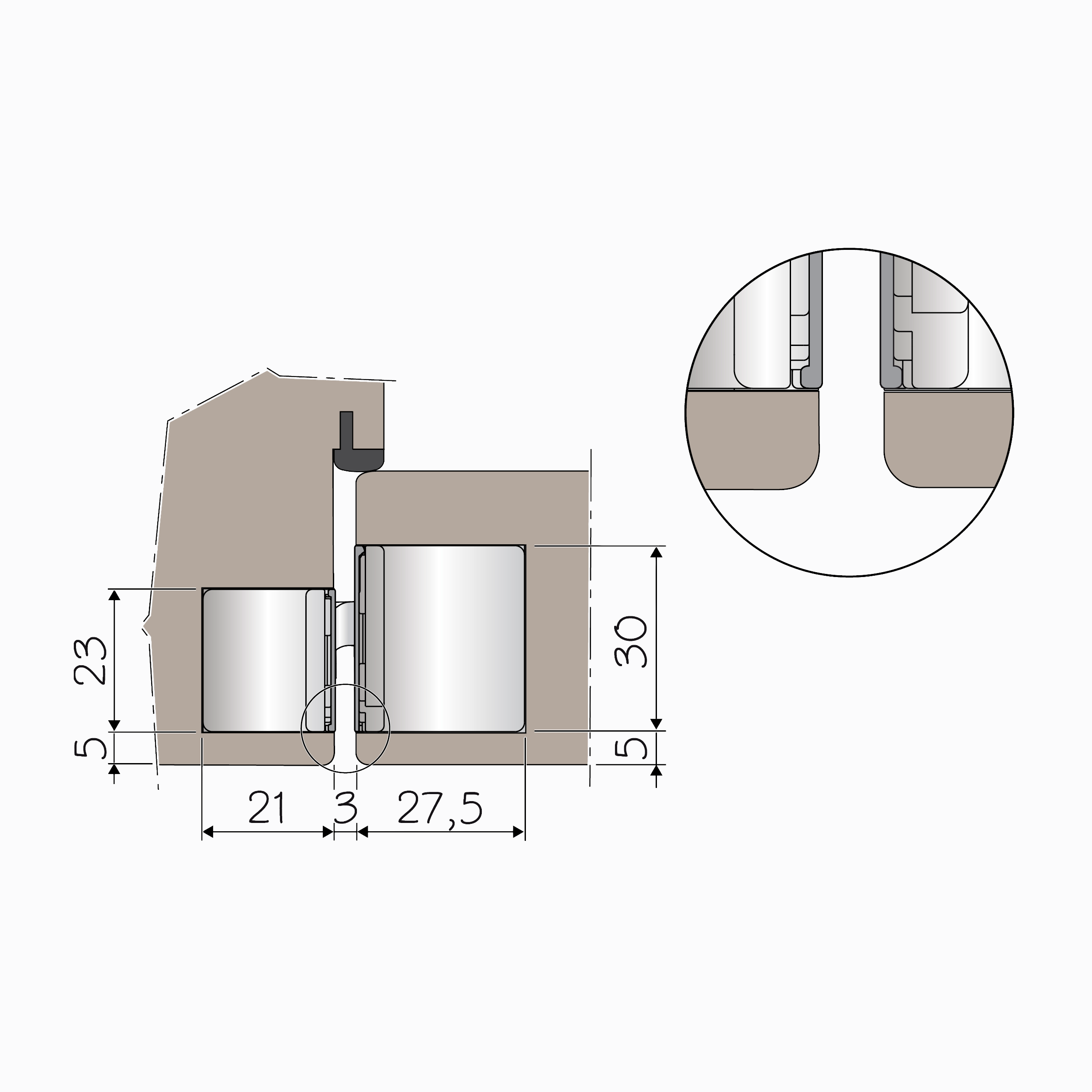 Technical drawing of a hinge installation in a door and frame