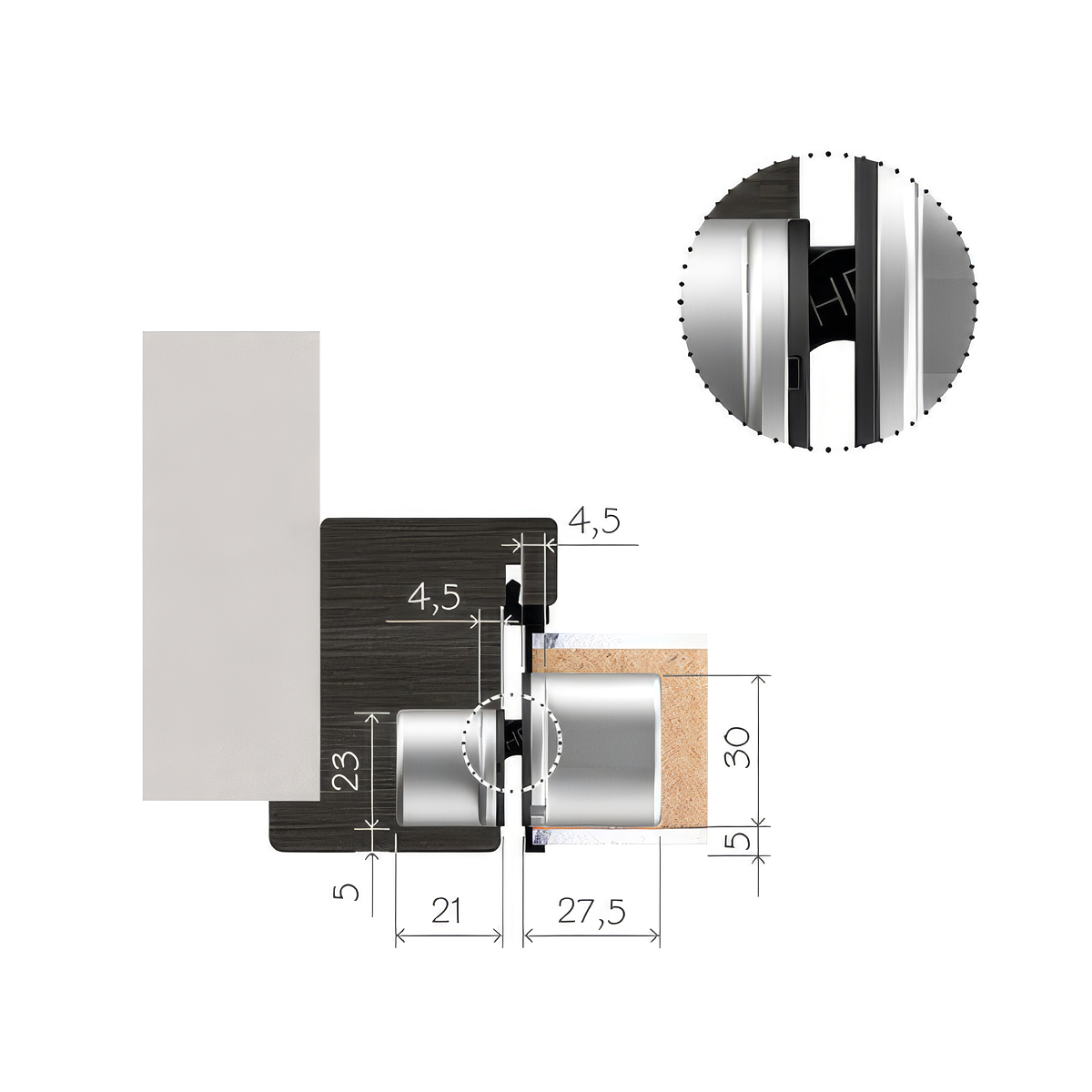 Technical drawing of a hinge installation in a door and frame