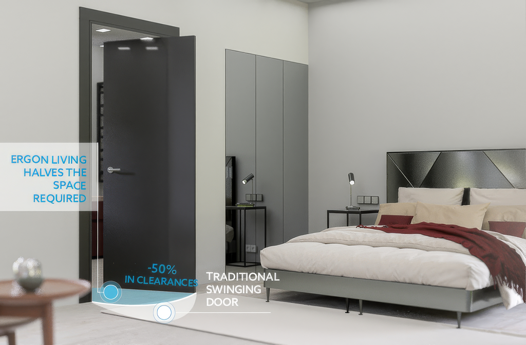 Modern bedroom with a bed and wardrobe, featuring text about door swinging.