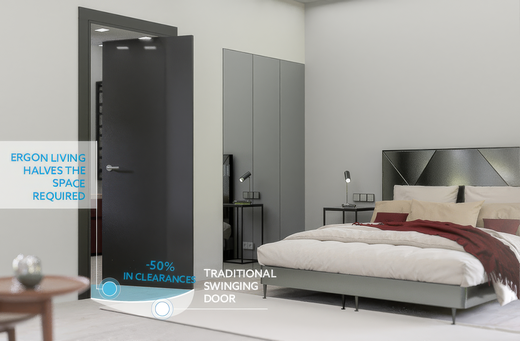 Modern bedroom with a bed and wardrobe, featuring text about door swinging.