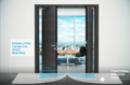 Modern door design with a view of an office space and annotation about space efficiency.