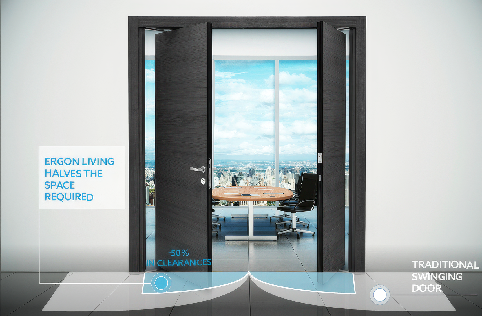 Modern door design with a view of an office space and annotation about space efficiency.
