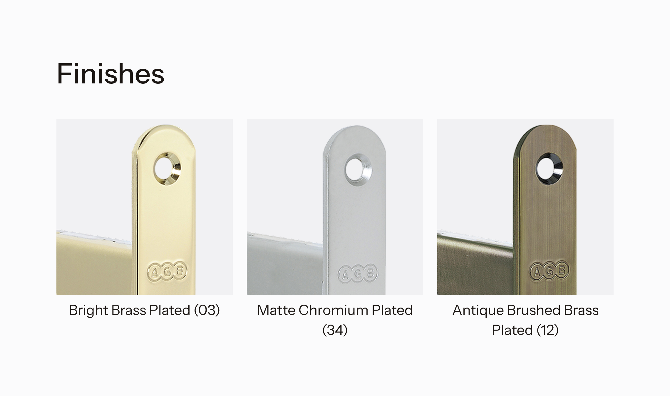 Lock finishes, which includes Bright Brass Plated, Matte Chromium Plated, and Antique Brushed Brass Plated