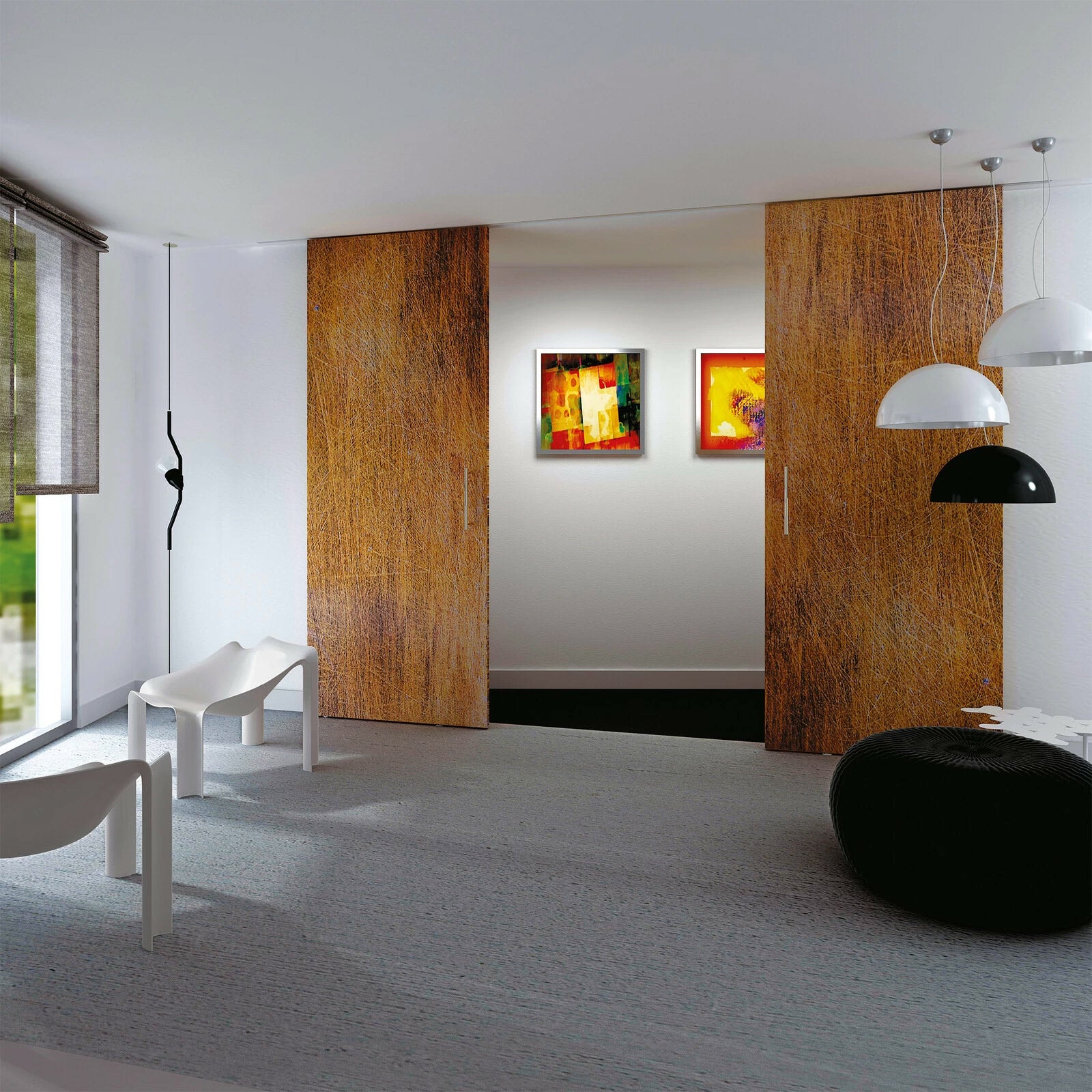 Modern interior with wooden sliding doors, abstract art, and minimal furniture.