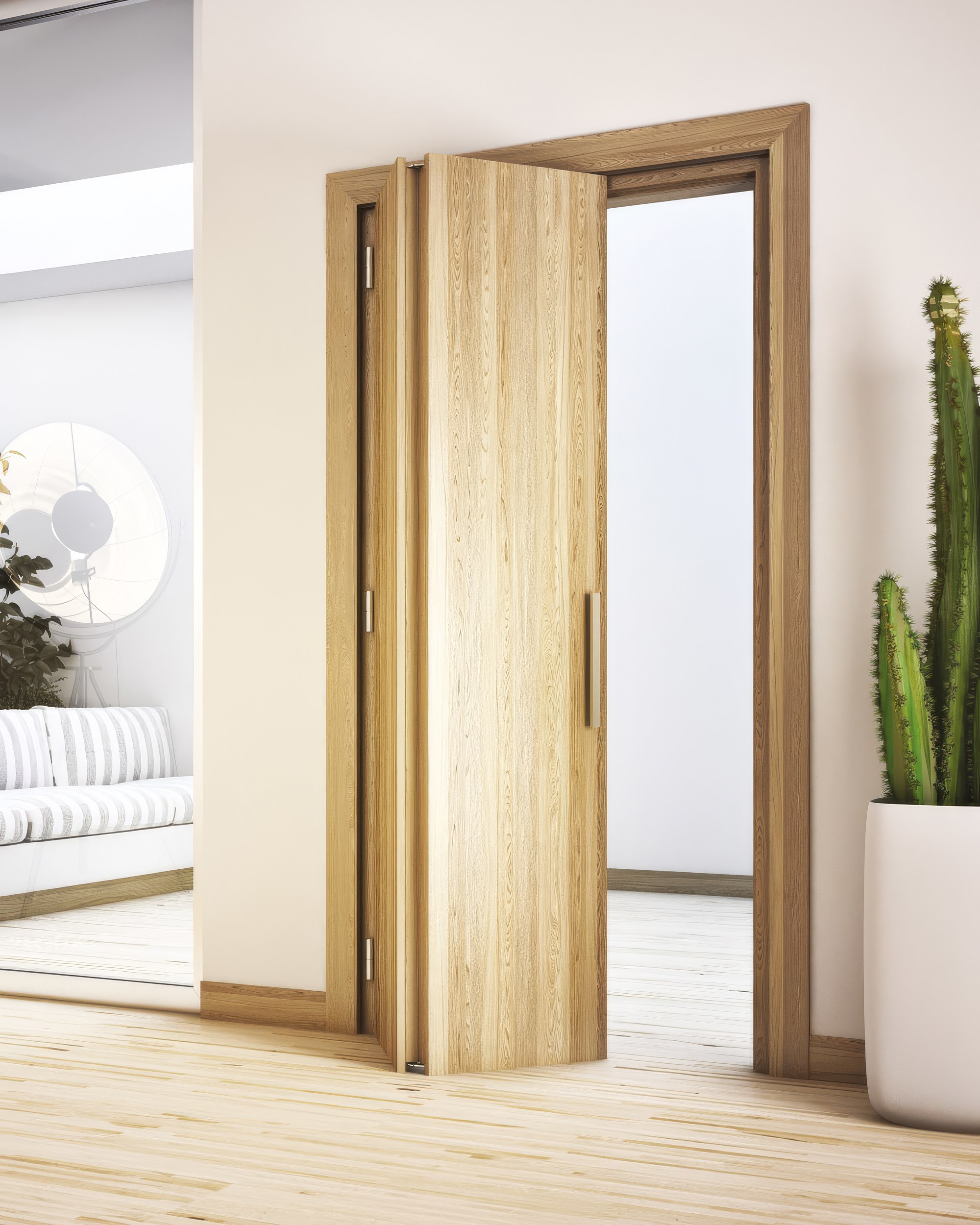 Wooden folding door in a modern interior setting with a plant and mirror.