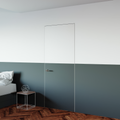 Modern bedroom with white wardrobe, bed, and side table.
