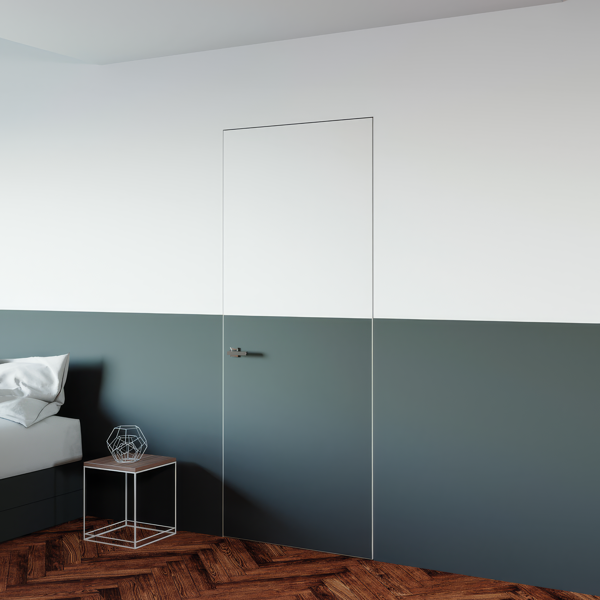 Modern bedroom with white wardrobe, bed, and side table.
