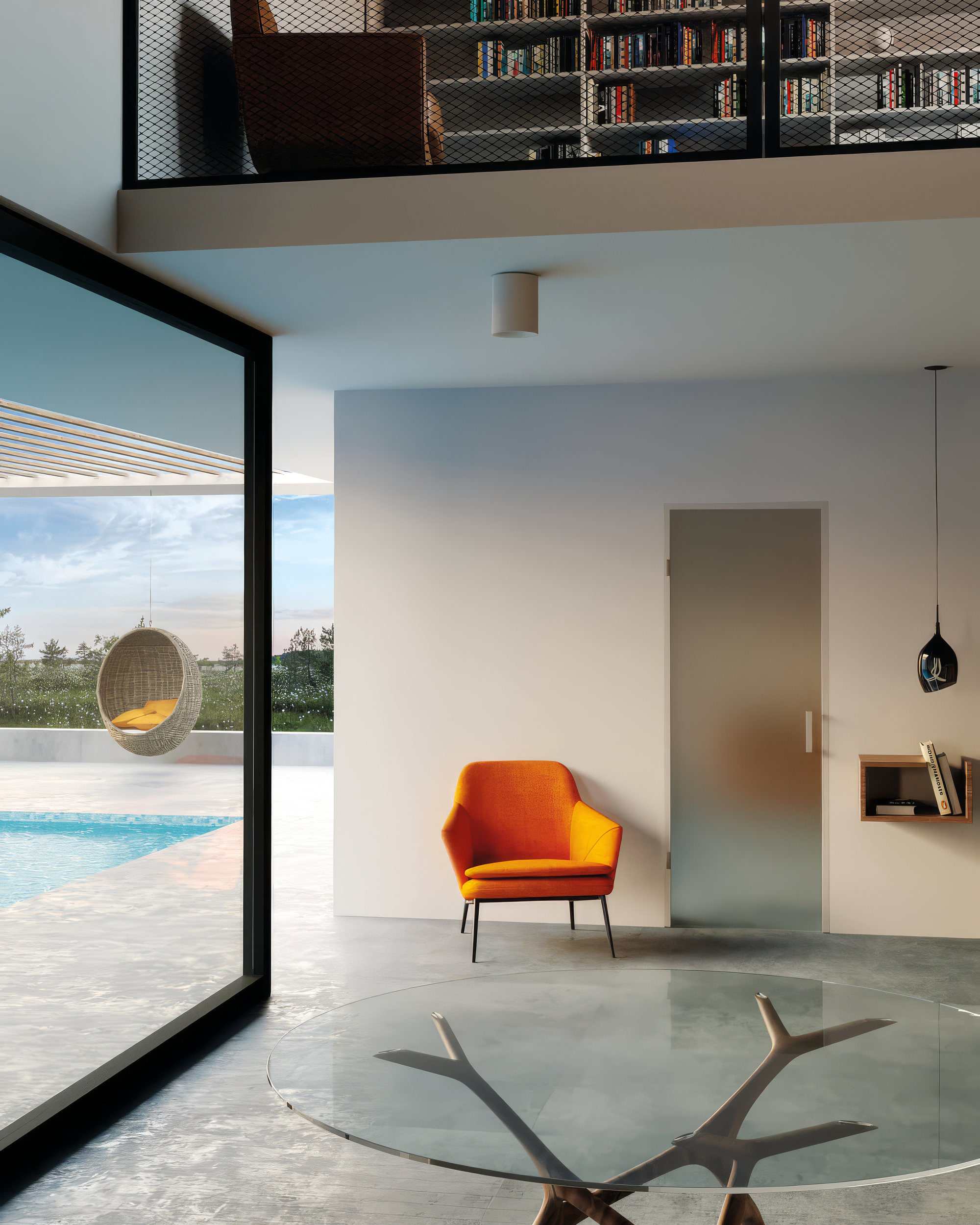 Modern interior with a yellow armchair near a poolside view