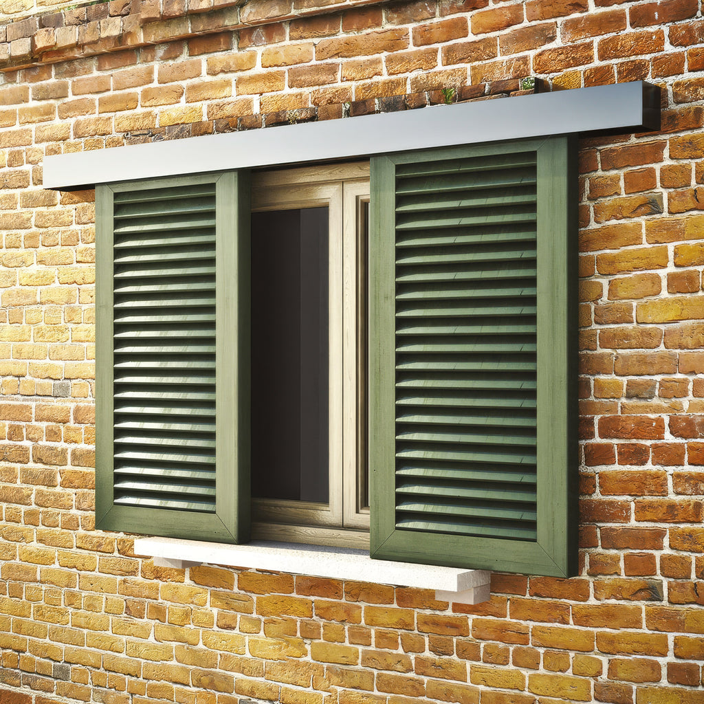 Window with green shutters on a brick wall
