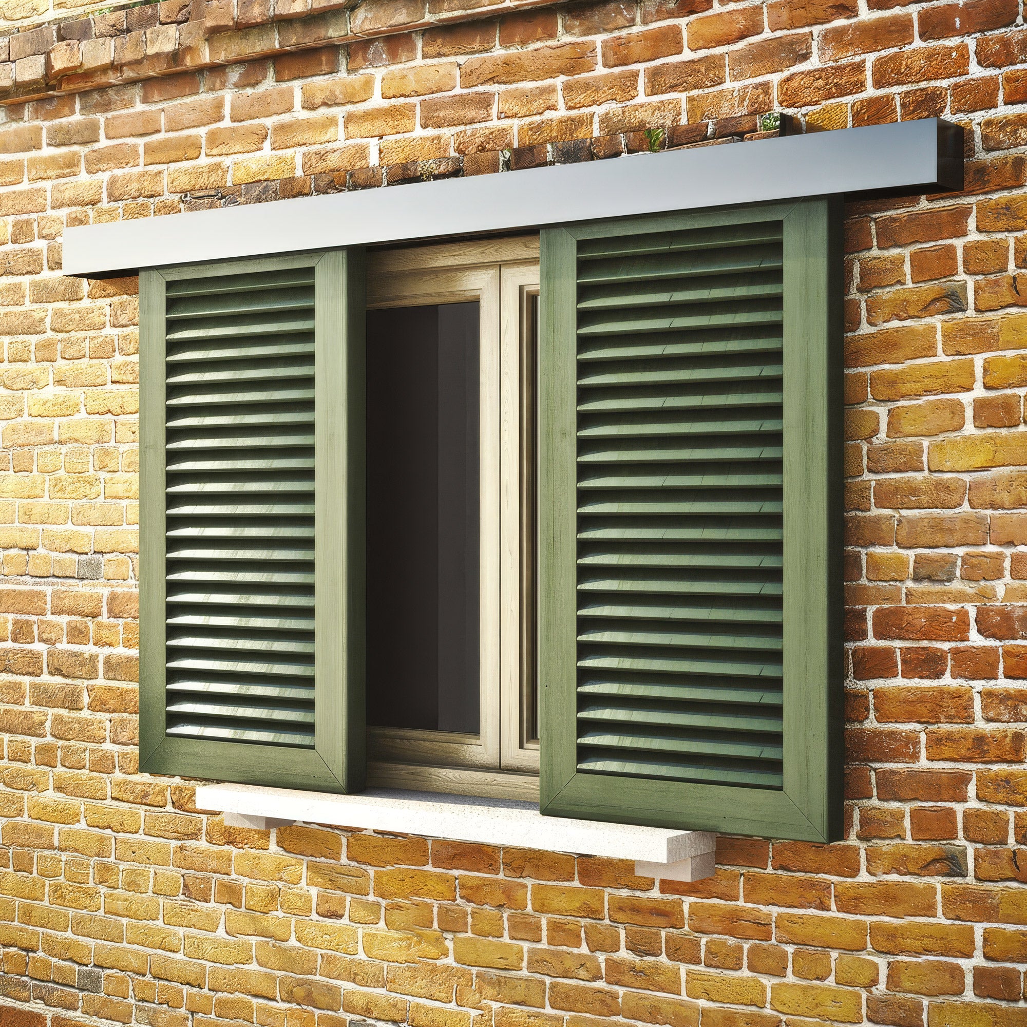 Window with green shutters on a brick wall
