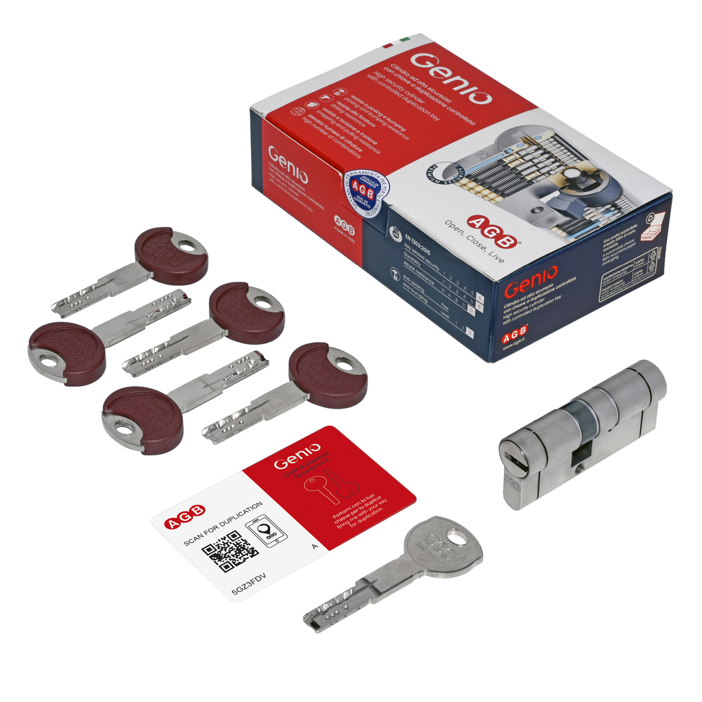Components included in the box for Genio: keys, security card, cylinder, and master key