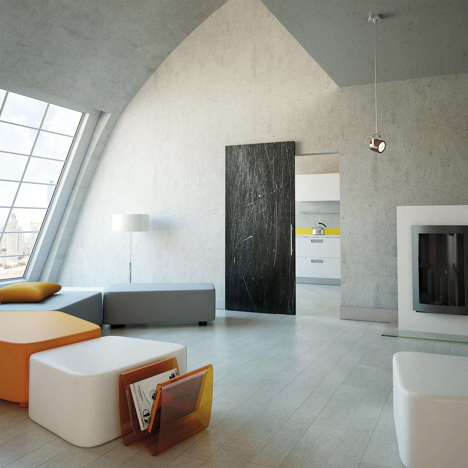 Modern living room with a black door, white walls, and a kitchen in the background.