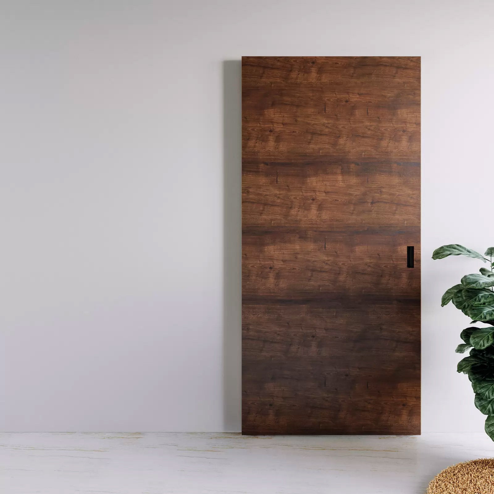 Close-up of installed sliding door system with the door panel in the closed position