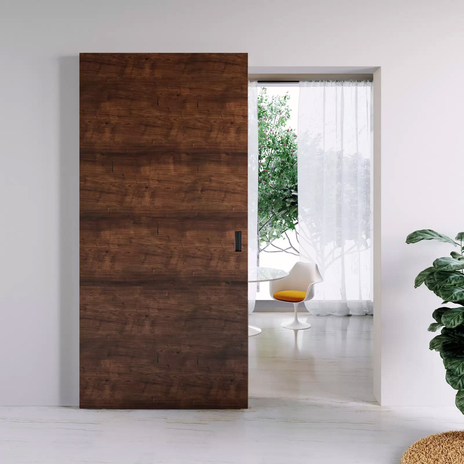 Close-up of installed sliding door system with the door panel in the opened position.