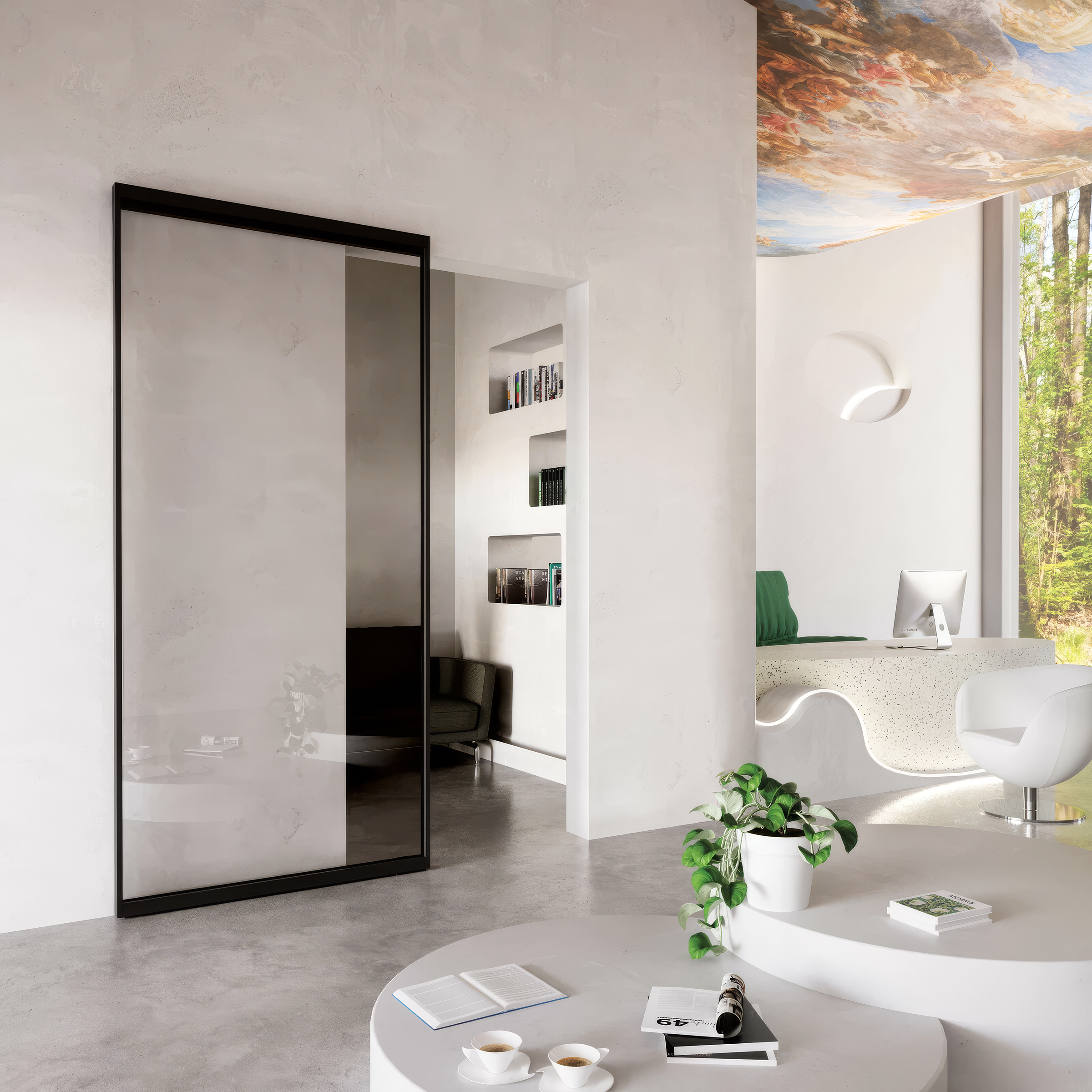 Modern interior design with a glass sliding door, white furniture, and a scenic ceiling.