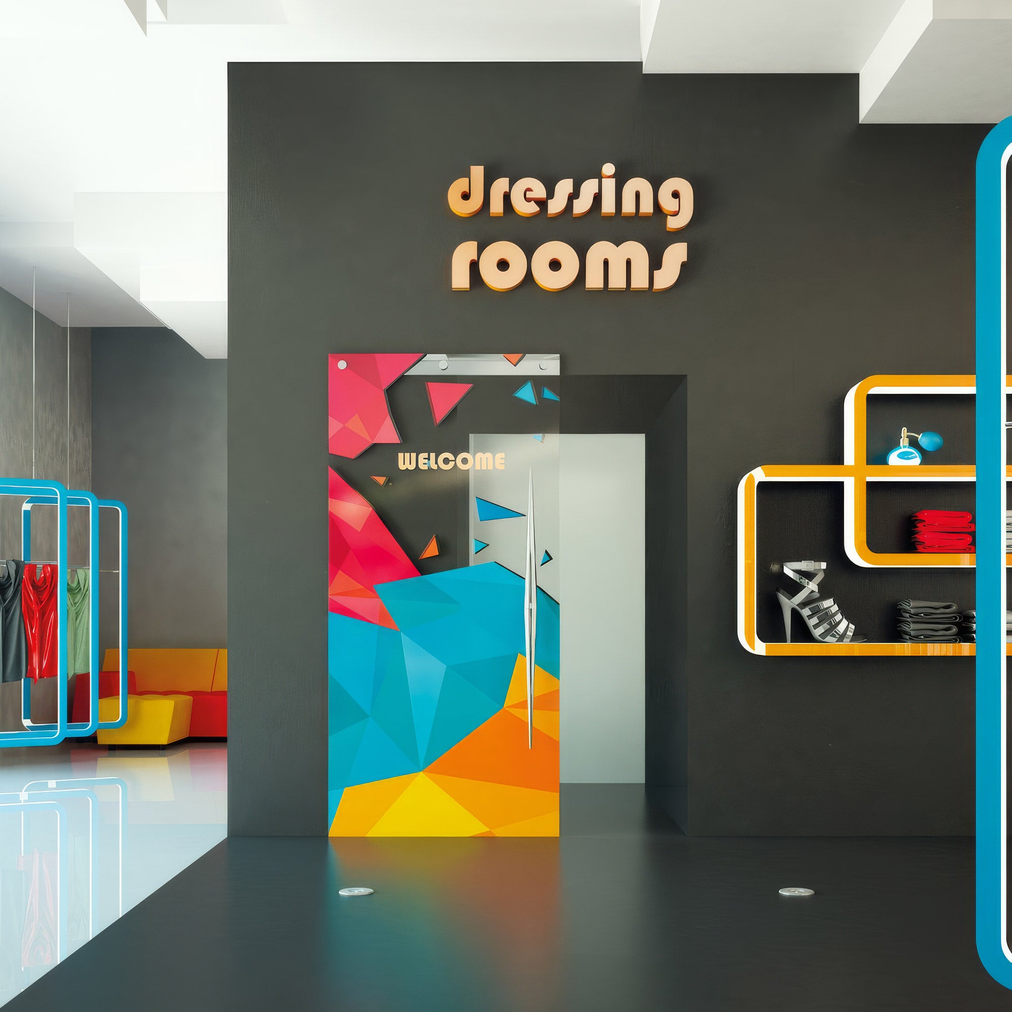 Dressing rooms entrance with colorful door and 'welcome' sign on a gray wall.