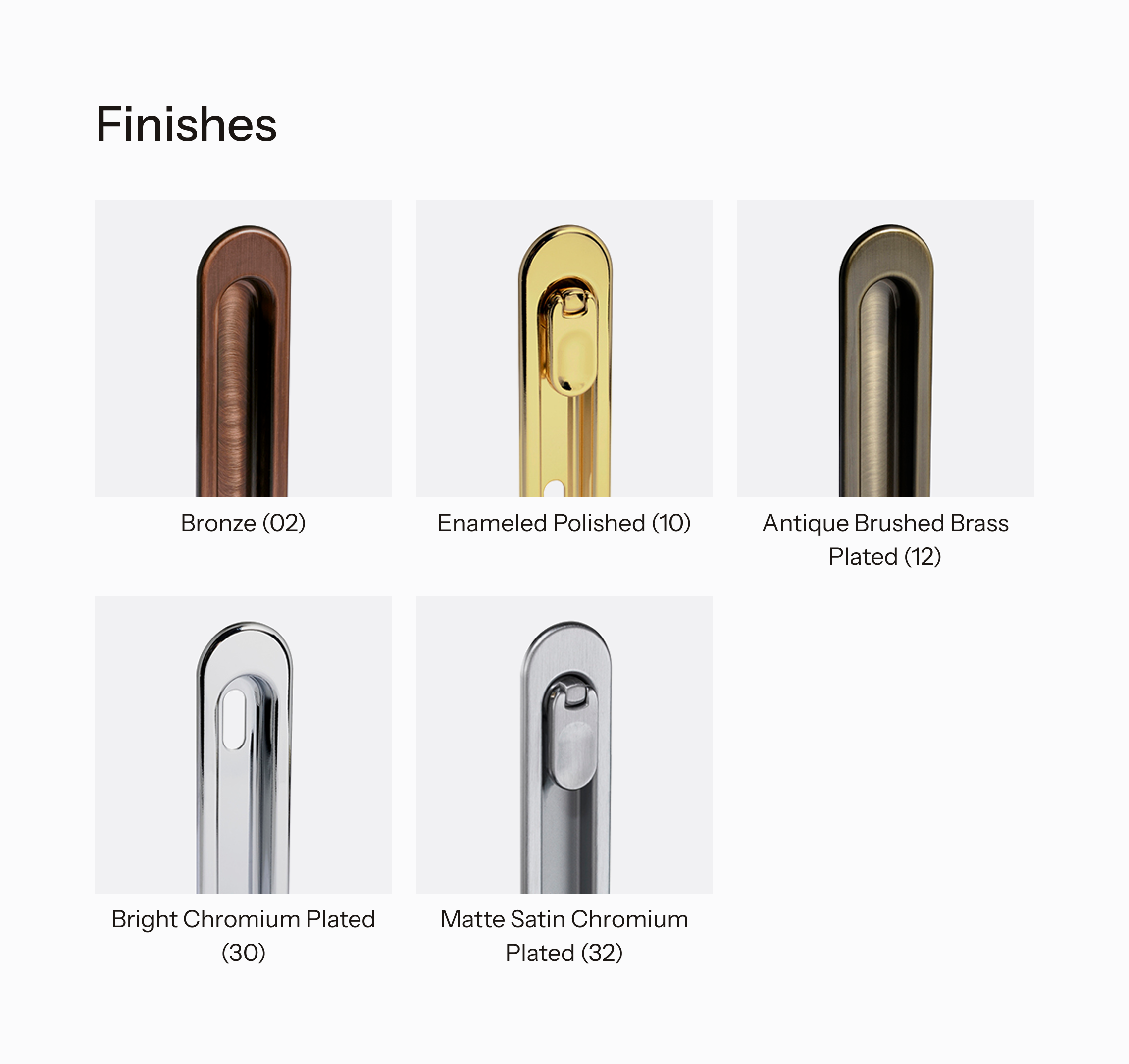 Various metal finish options displayed on a white background