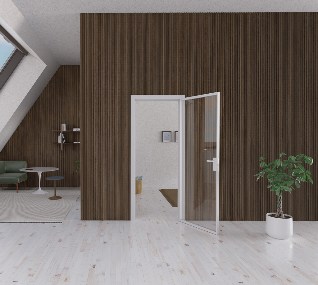 Modern interior with wooden walls, a glass door, and a potted plant.