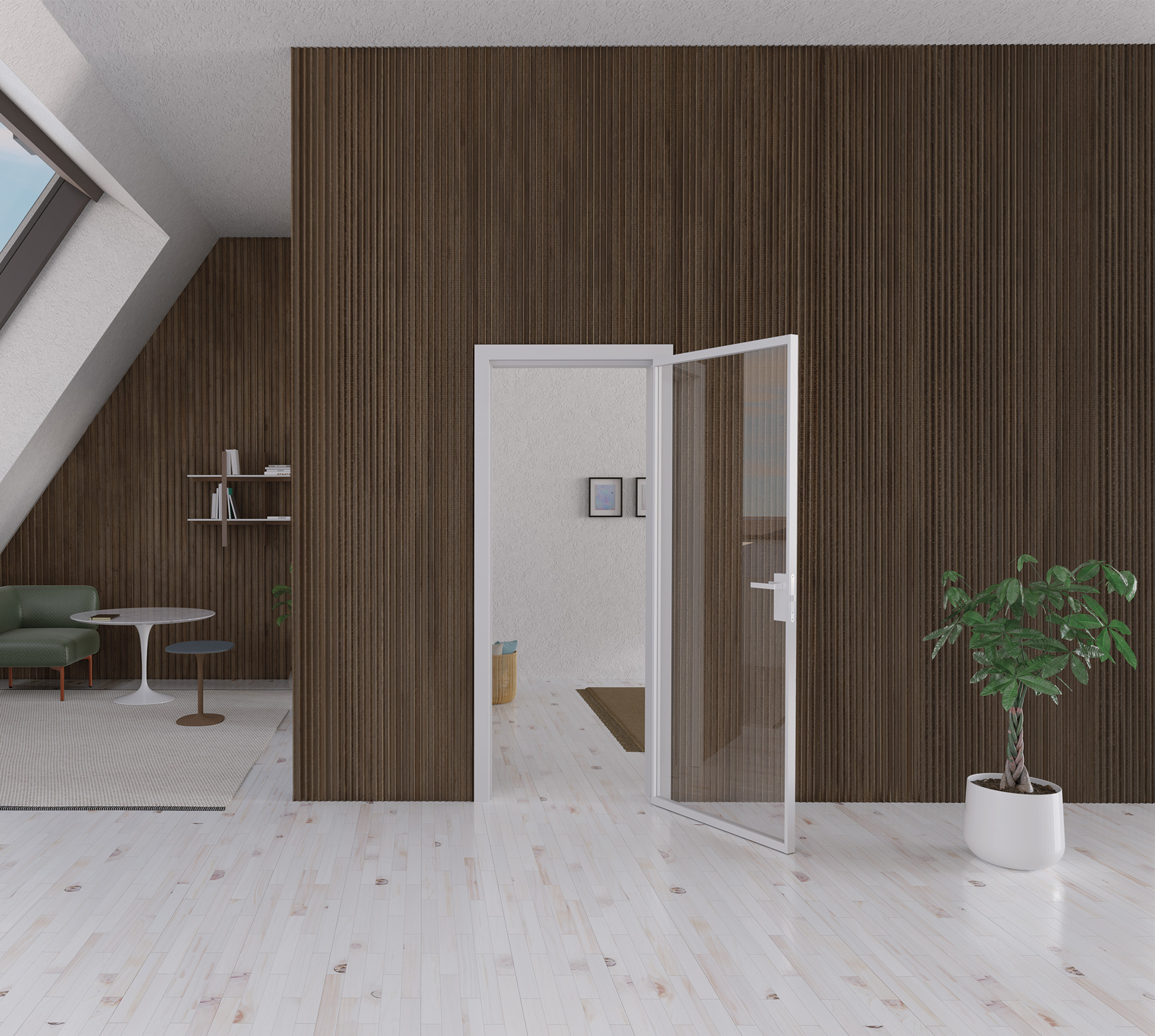 Modern interior with wooden walls, a glass door, and a potted plant.