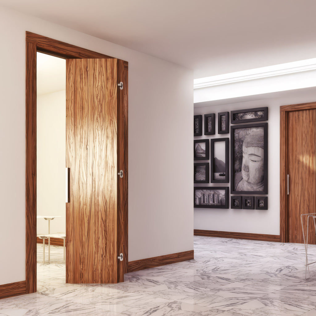 Wooden interior doors with a neutral color scheme and light fixture.
